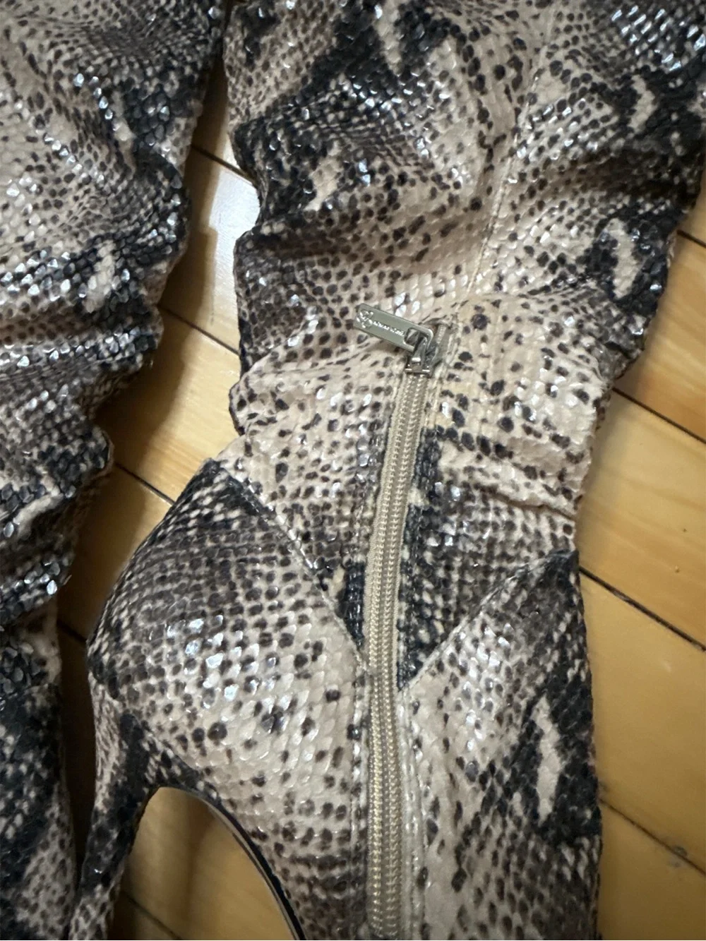 Snake-Print Over-the-Knee Stiletto Boots - Beige/Black